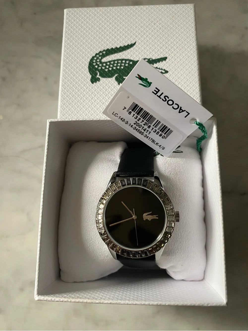 Lacoste Ladycroc 2001411 Women’s Watch Black Leather Band Crystal Bezel 36.5mm